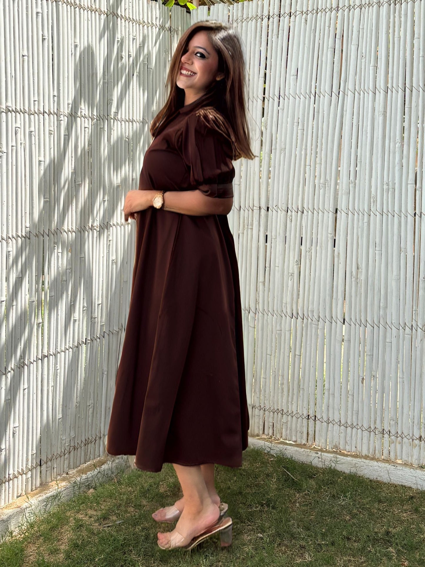 Brown Cotton A-Line Dress