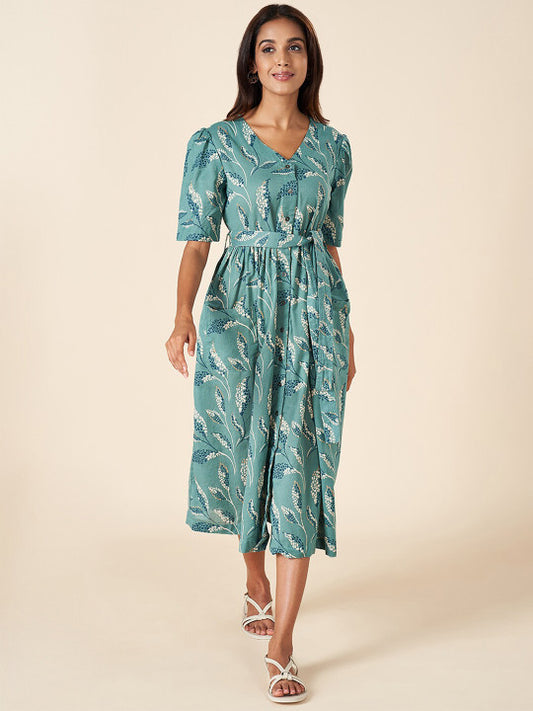 AKKRITI BY PANTALOONS Floral Printed Belt Detailed Puff Sleeves Cotton Shirt Style Dress