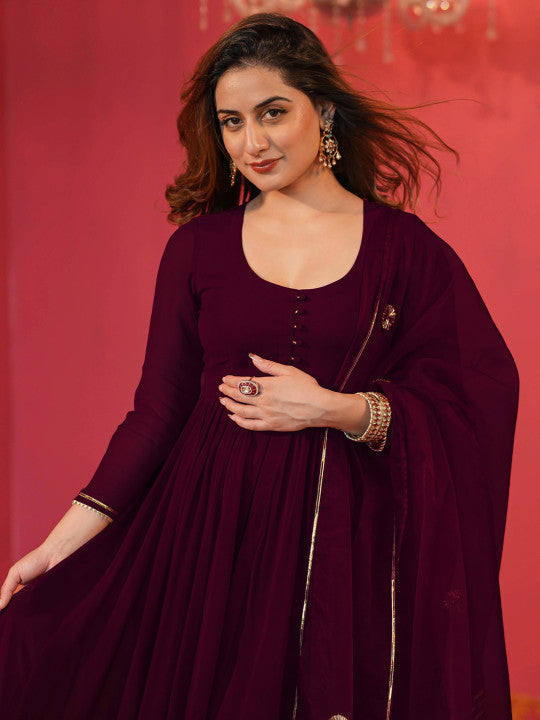 GoSriKi Solid Anarkali Kurta with Trousers & Dupatta