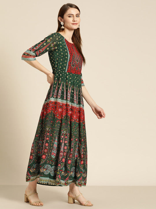 Georgette Embroidered Printed Maxi Ethnic Dress