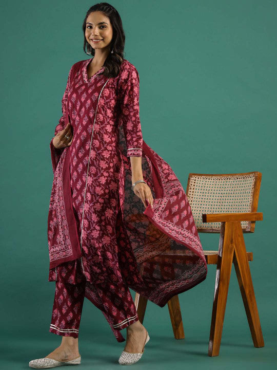 Printed Pure Cotton Straight Kurta With Trouser & Dupatta Set