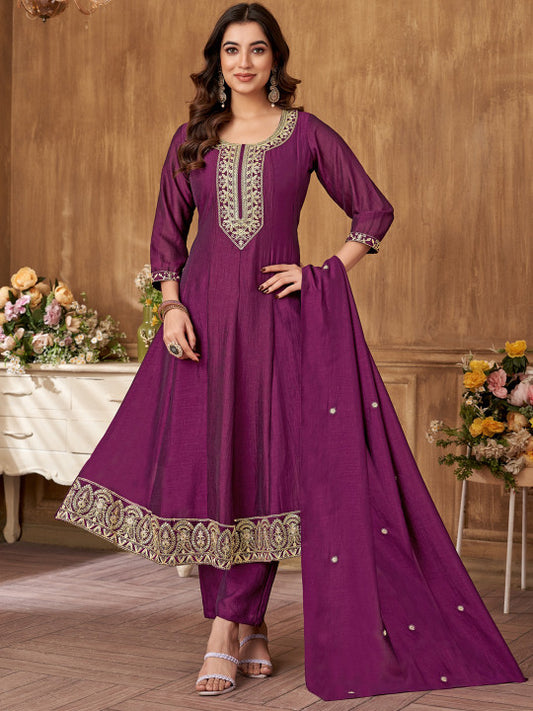 VEDANT VASTRAM Floral Embroidered Sequinned Silk Georgette Kurta With Trouser & Dupatta