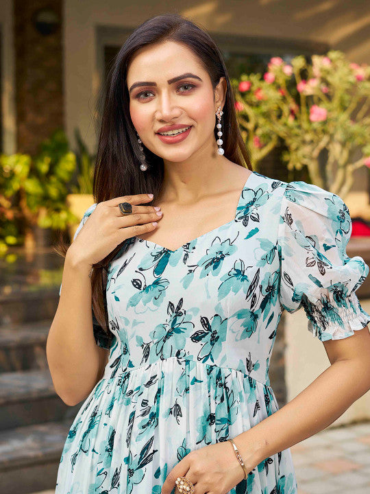 Chandbaali Floral Printed Sweetheart Neck Puff Sleeves Georgette Gown Ethnic Dress