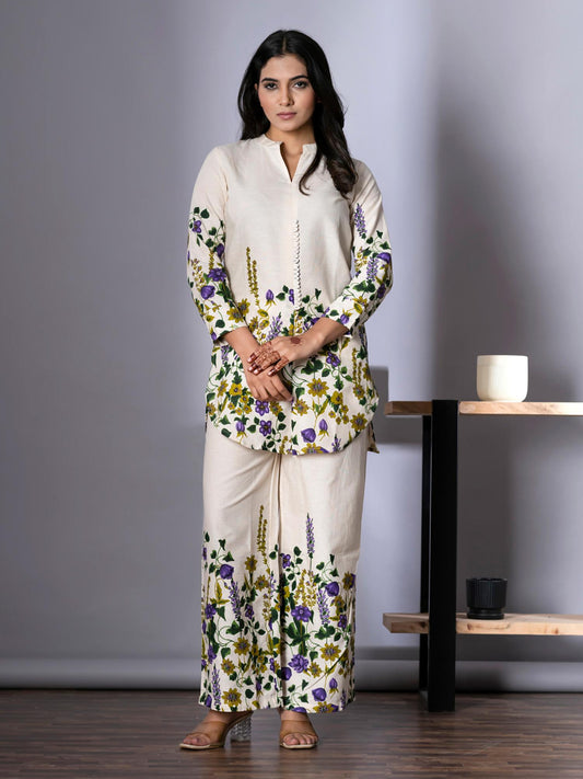 Women Off White Printed Co-Ord (Set of 2)