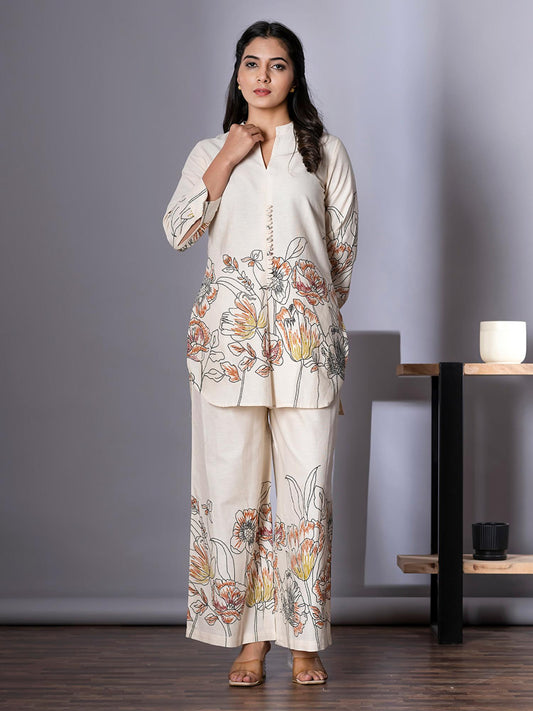 Women Off White Printed Co-Ord (Set of 2)