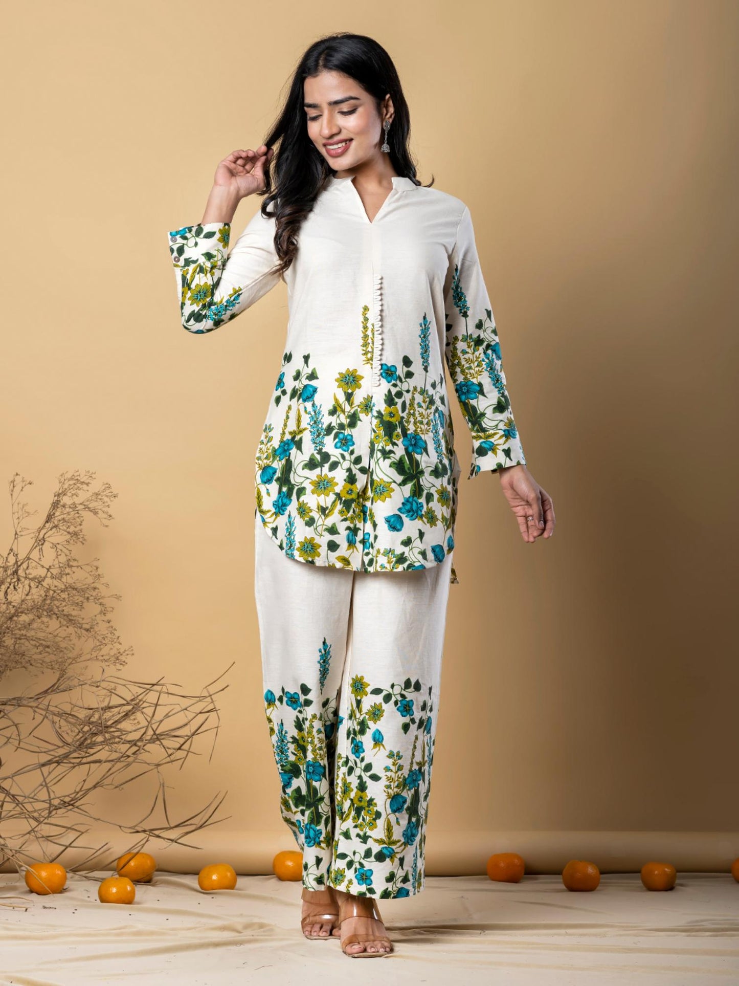 Women Off White Printed Co-Ord (Set of 2)