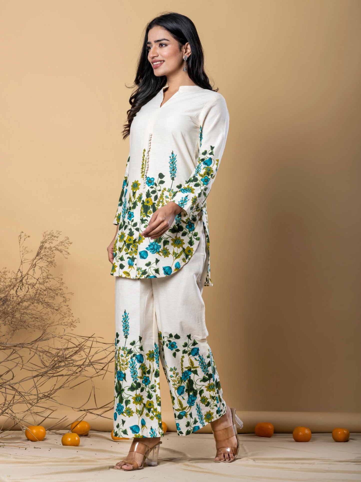 Women Off White Printed Co-Ord (Set of 2)