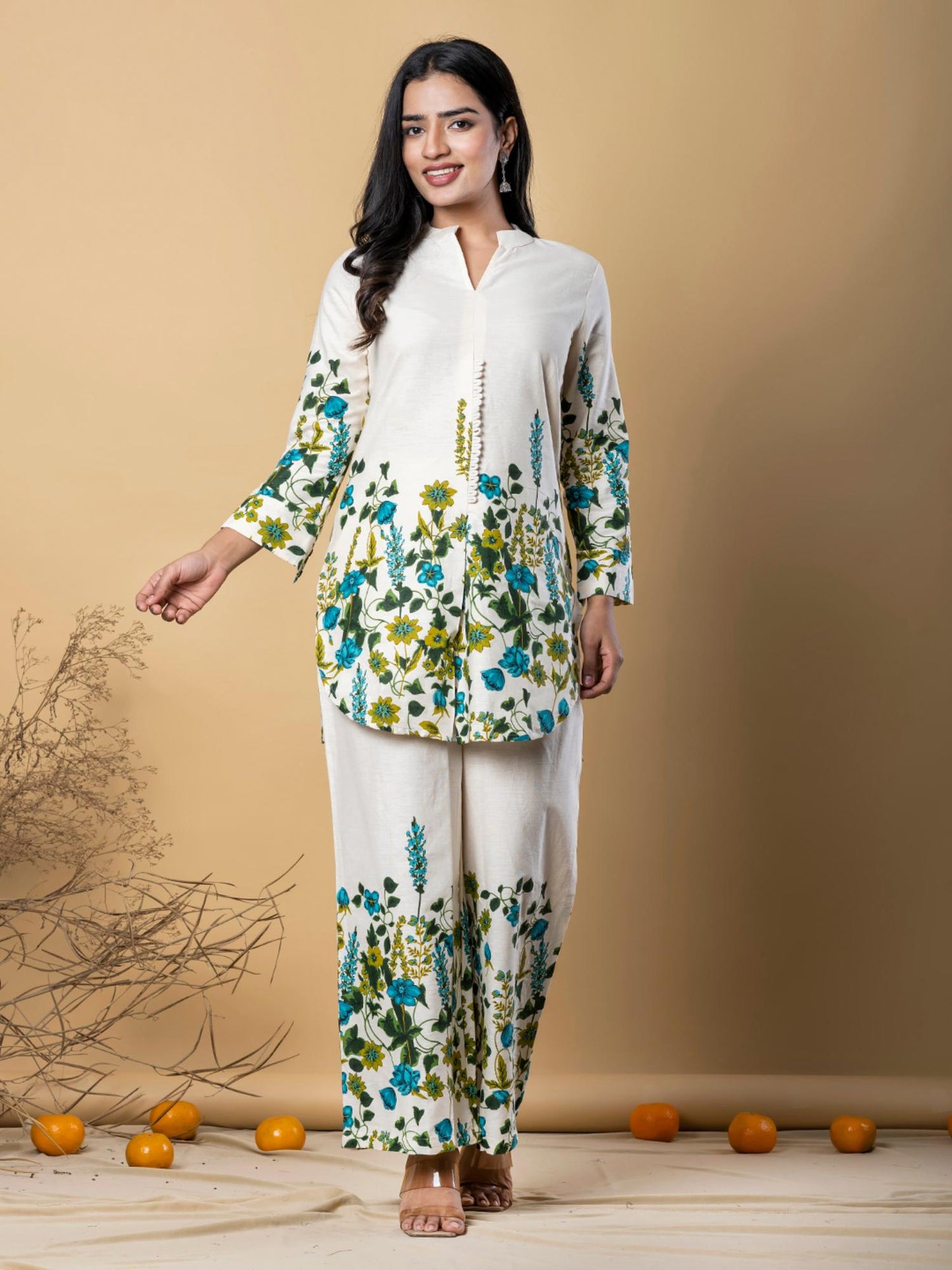 Women Off White Printed Co-Ord (Set of 2)
