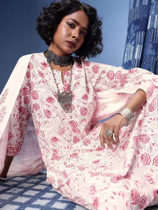 Taavi Block Print Legacy Pure Cotton Floral Printed Kurta With Trousers & With Dupatta