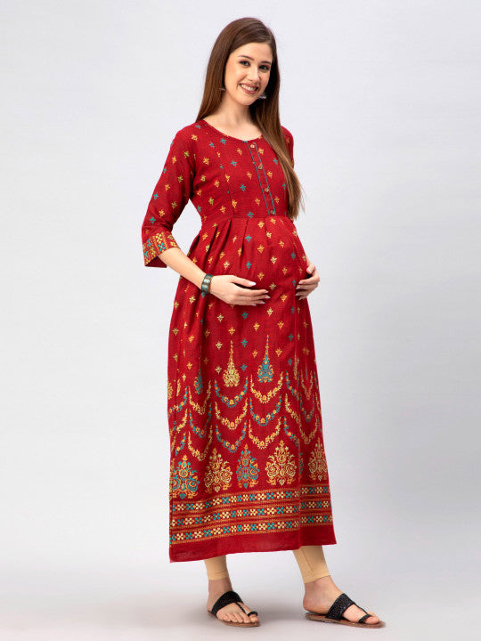 CEE-18 Red Printed Pure Cotton Maternity Ethnic Dress