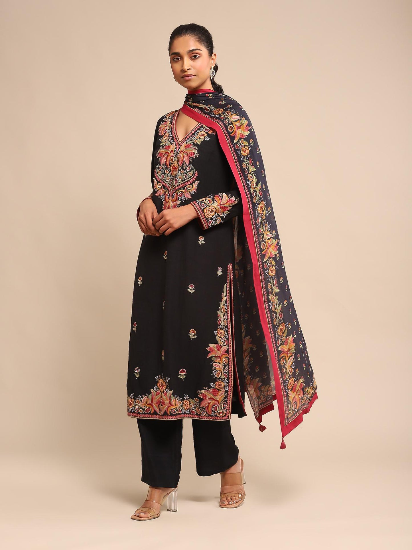Black Embroidered Kurta with Pant and Dupatta (Set of 3)