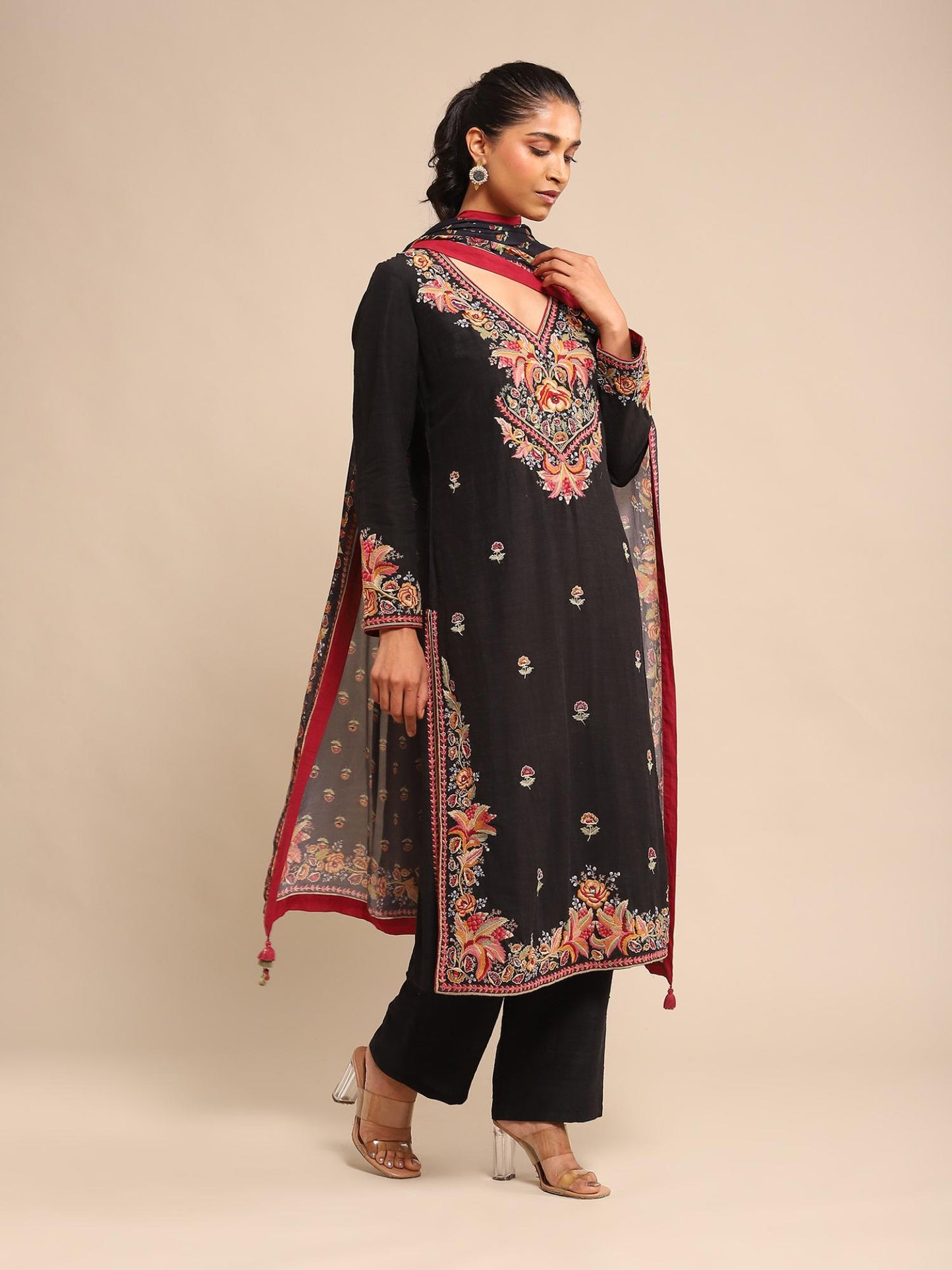 Black Embroidered Kurta with Pant and Dupatta (Set of 3)