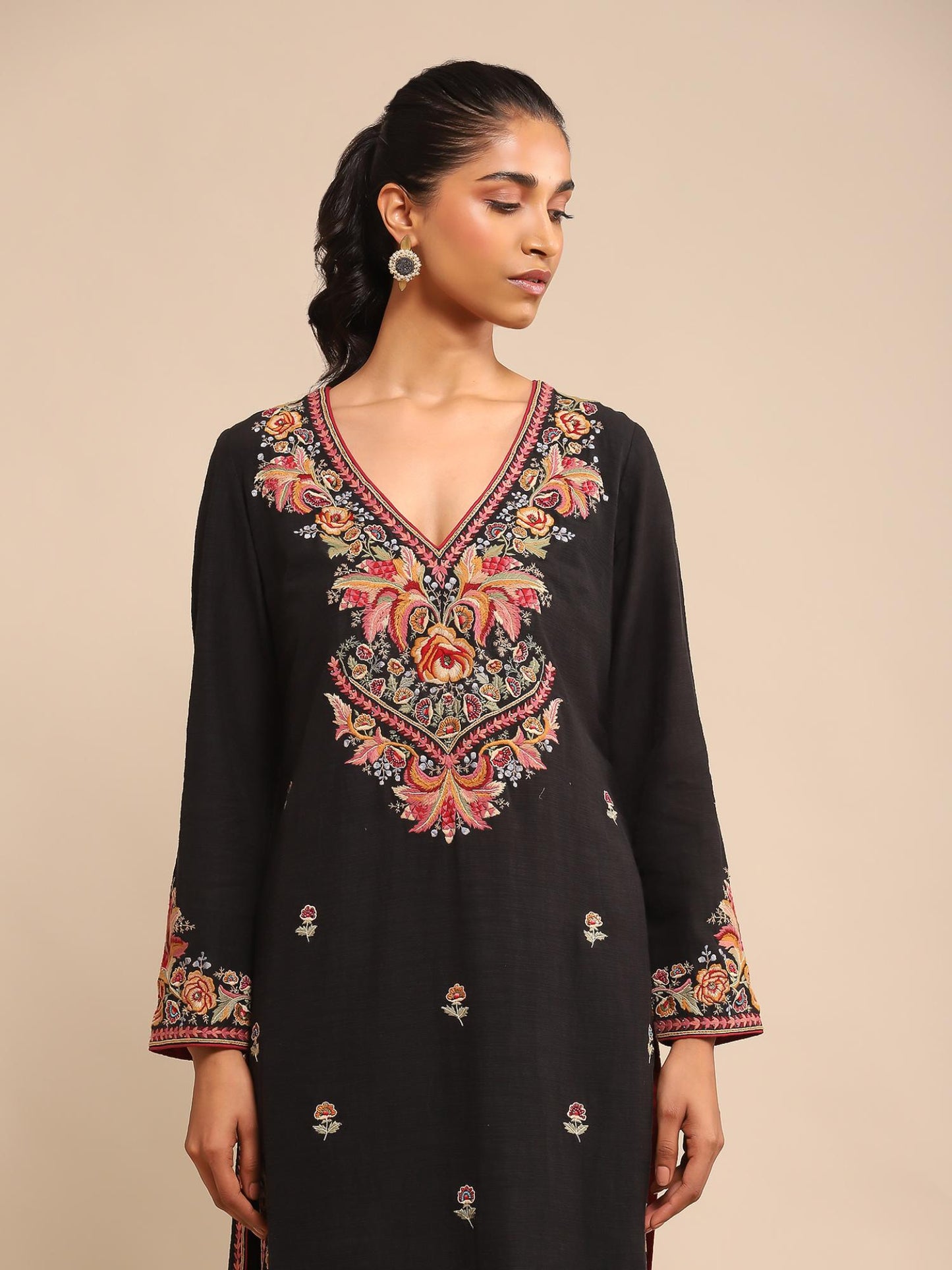 Black Embroidered Kurta with Pant and Dupatta (Set of 3)