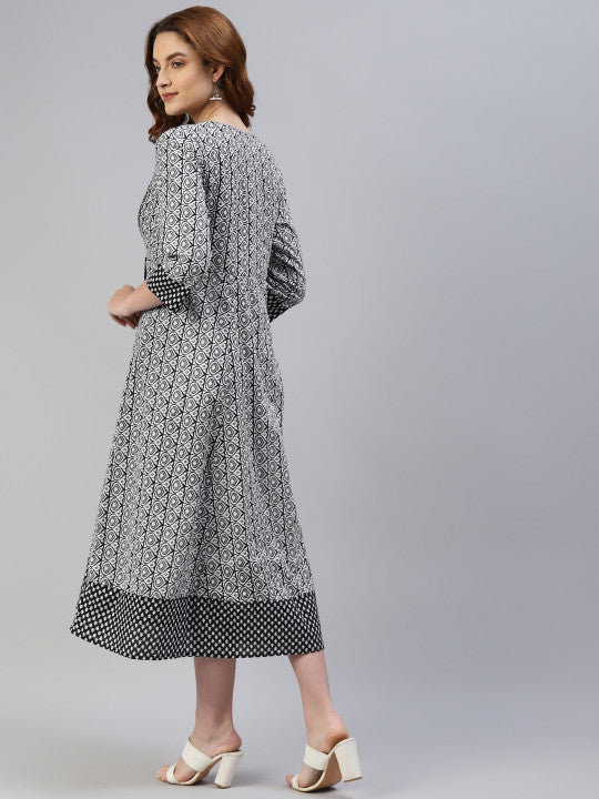 SVARCHI Women White & Black Ethnic Motifs Printed A-Line Midi Dress