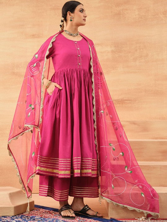Ishin Floral Printed Gotta Patti High Slit Pure Cotton Kurta With Trousers & Dupatta