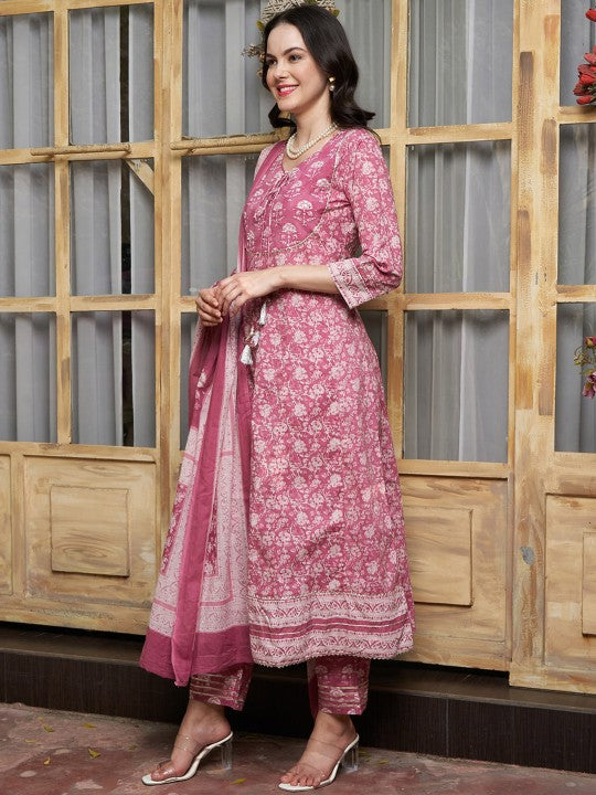 Floral Printed Sequinned Pure Cotton A-Line Kurta & Trouser With Dupatta