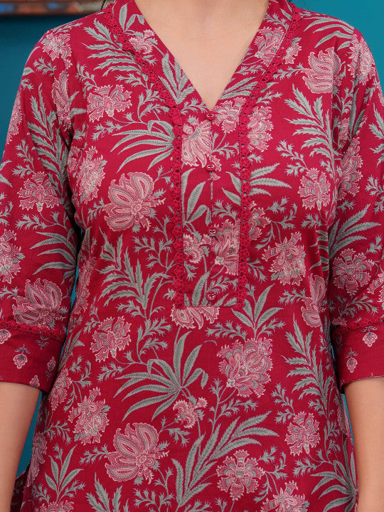 Floral Printed V-Neck Pure Cotton Straight Kurta With Salwar And Dupatta