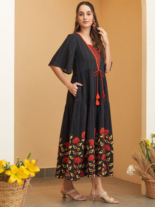 Floral Printed Square Neck Flared Sleeves Tiered Midi Ethnic Dress