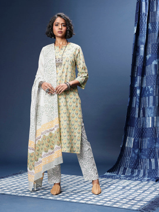 Taavi Floral Printed Regular Pure Cotton Block Print Legacy Kurta with Trousers & Dupatta