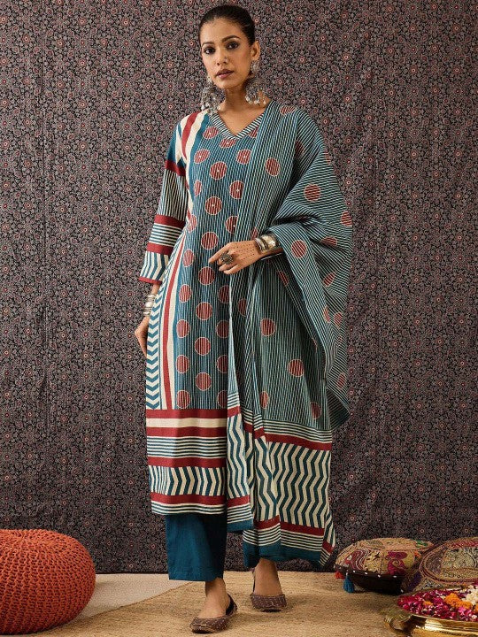 Indo Era Women Printed Regular Pure Cotton Kurta with Trousers & With Dupatta