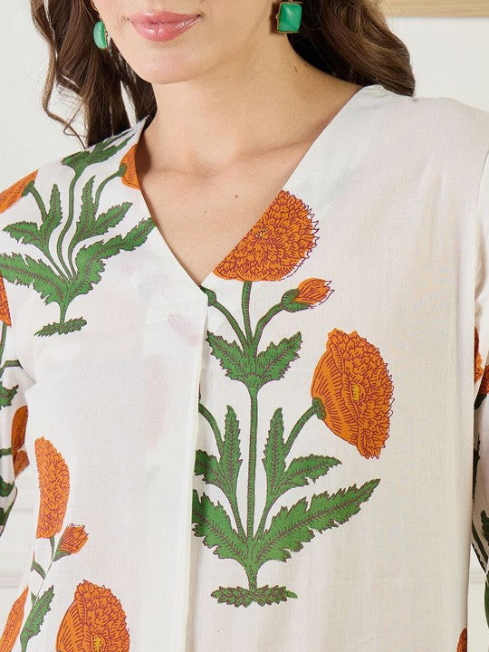 Indo Era Printed Cotton V Neck Top With Trousers Co-Ords