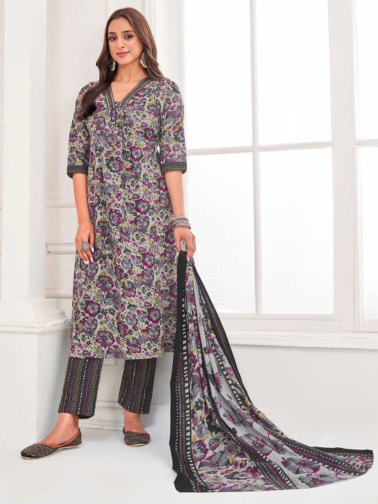 Floral Printed Sequinned V-Neck Straight Kurta With Trousers And Dupatta