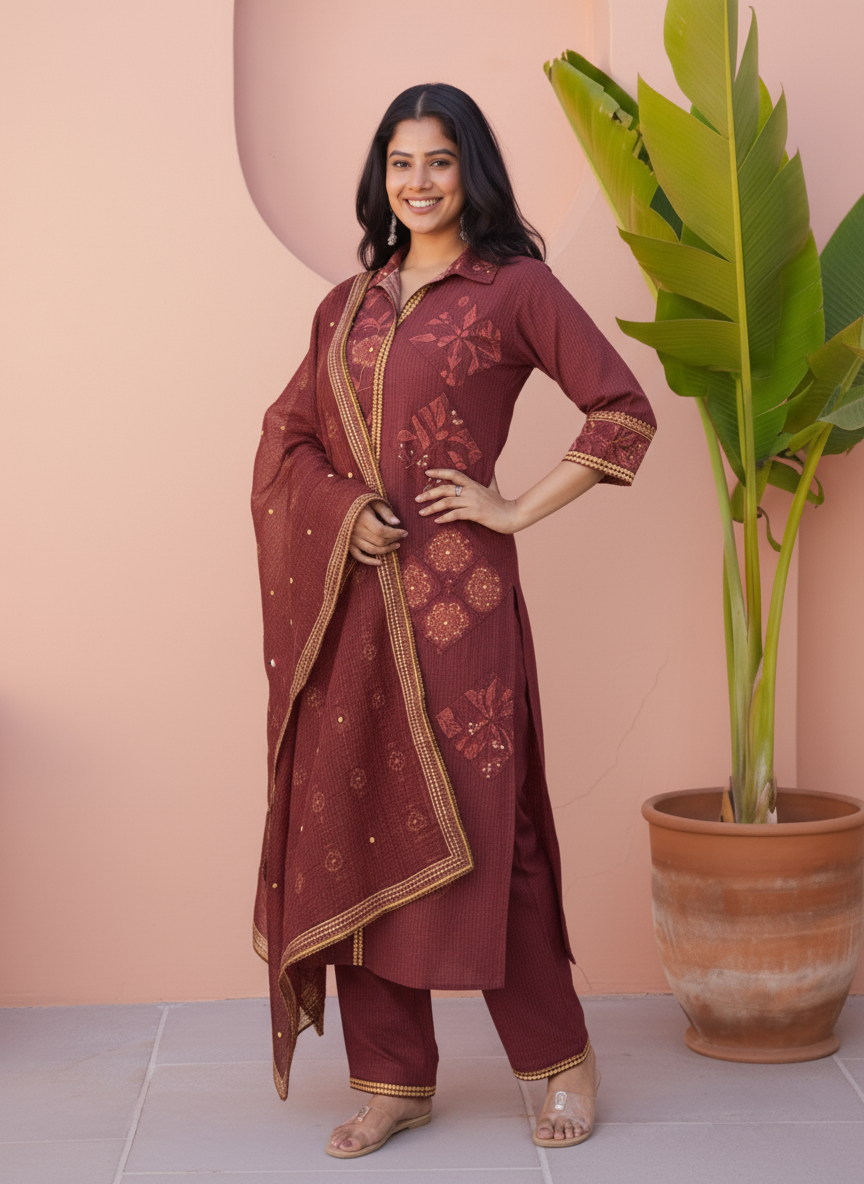 Viscose Floral High Low Maroon Kurta