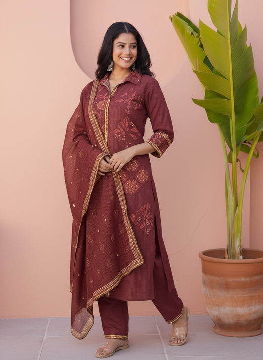 Viscose Floral High Low Maroon Kurta