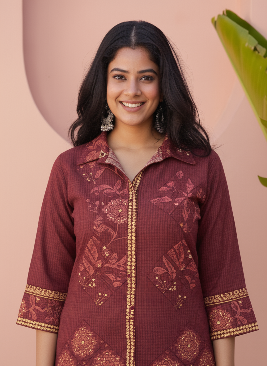 Viscose Floral High Low Maroon Kurta