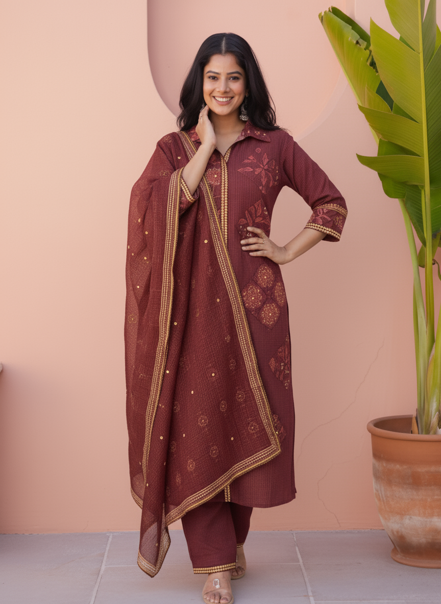 Viscose Floral High Low Maroon Kurta