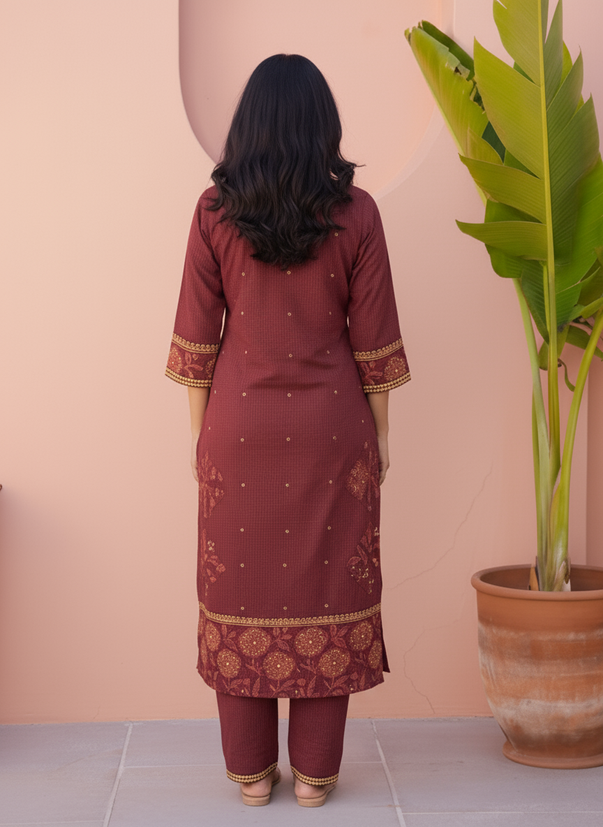 Viscose Floral High Low Maroon Kurta
