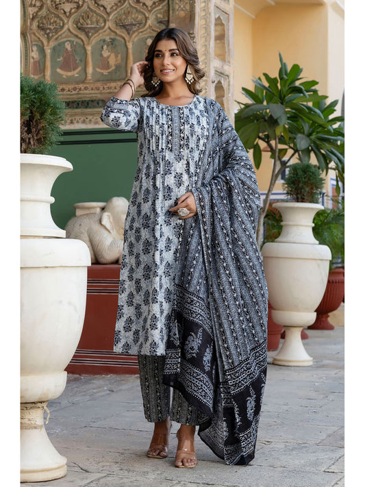 Womens Cotton Ethnic Motif A-Line Kurta Pant Dupatta (Set of 3)