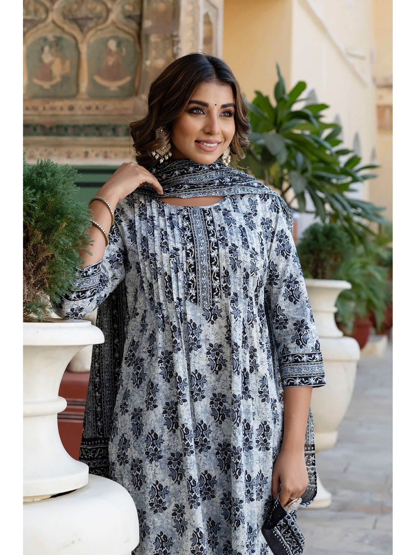 Womens Cotton Ethnic Motif A-Line Kurta Pant Dupatta (Set of 3)