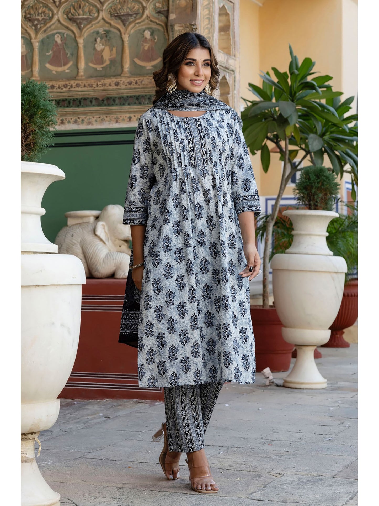 Womens Cotton Ethnic Motif A-Line Kurta Pant Dupatta (Set of 3)