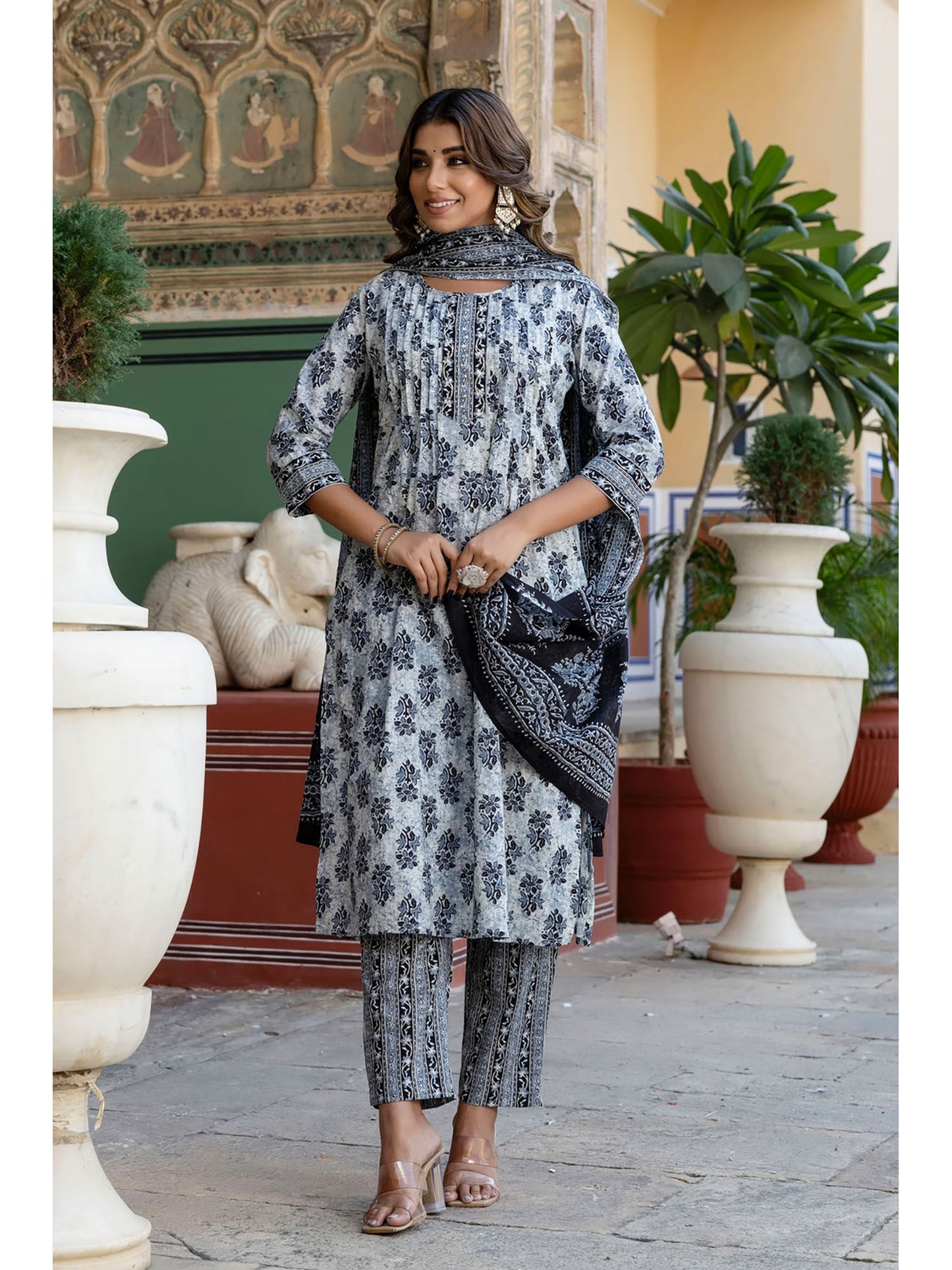 Womens Cotton Ethnic Motif A-Line Kurta Pant Dupatta (Set of 3)
