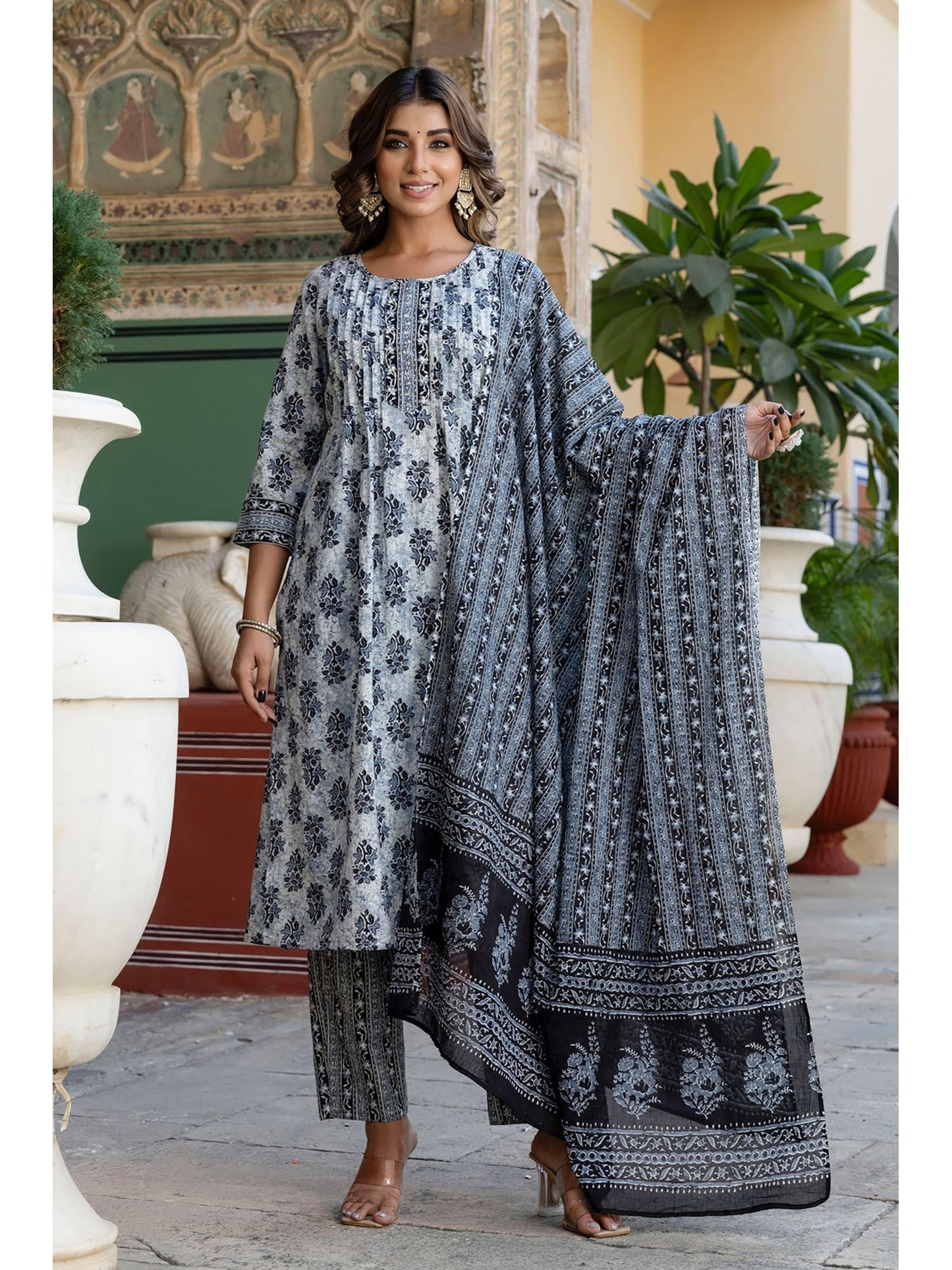 Womens Cotton Ethnic Motif A-Line Kurta Pant Dupatta (Set of 3)