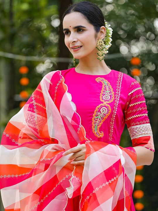 GILLORI Paisley Embroidered Yoke Design Pure Cotton Kurta With Trousers & Dupatta