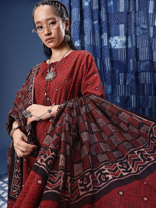 Taavi Geometric Printed Regular Ajrakh Kurta with Trousers & With Dupatta