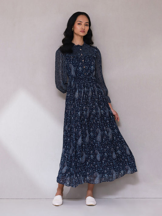 Blue Paisley Print Long Dress