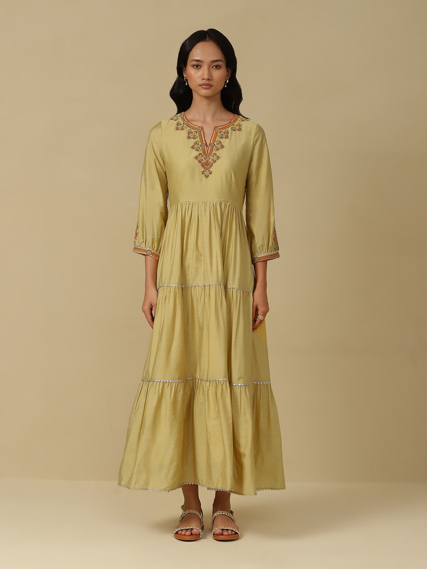 Yellow Embroidered Tiered Long Dress