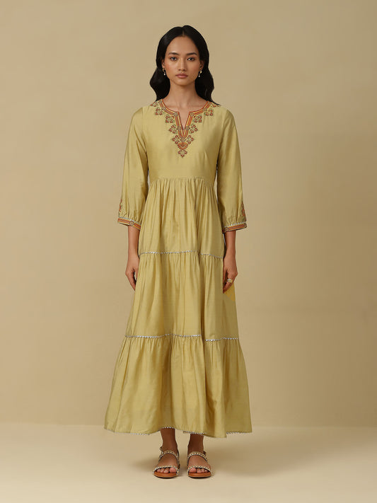 Yellow Embroidered Tiered Long Dress