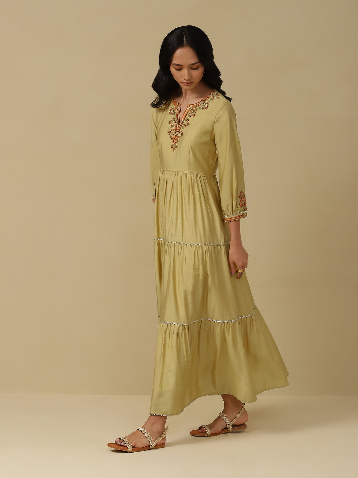 Yellow Embroidered Tiered Long Dress