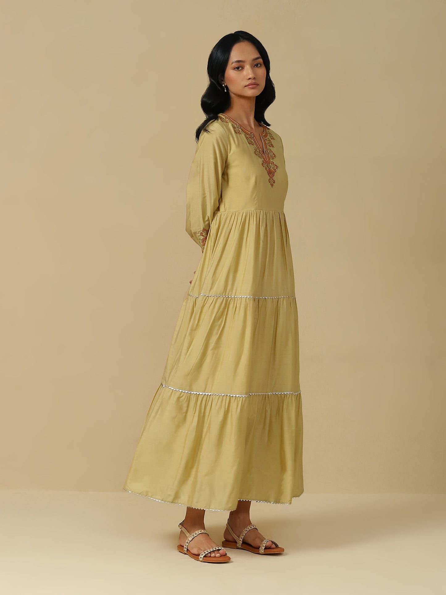 Yellow Embroidered Tiered Long Dress