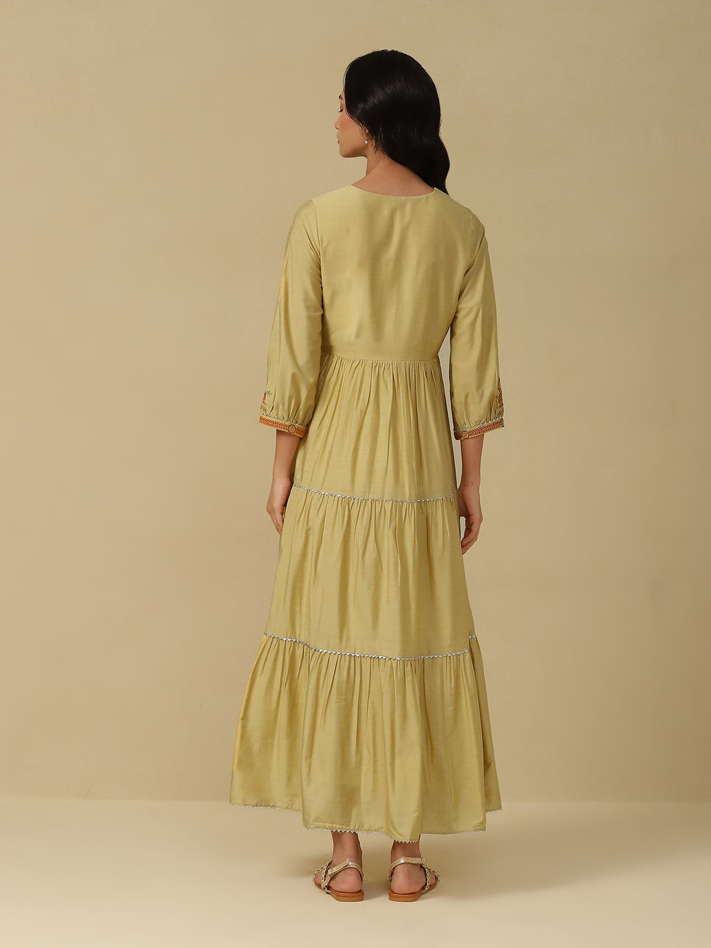 Yellow Embroidered Tiered Long Dress