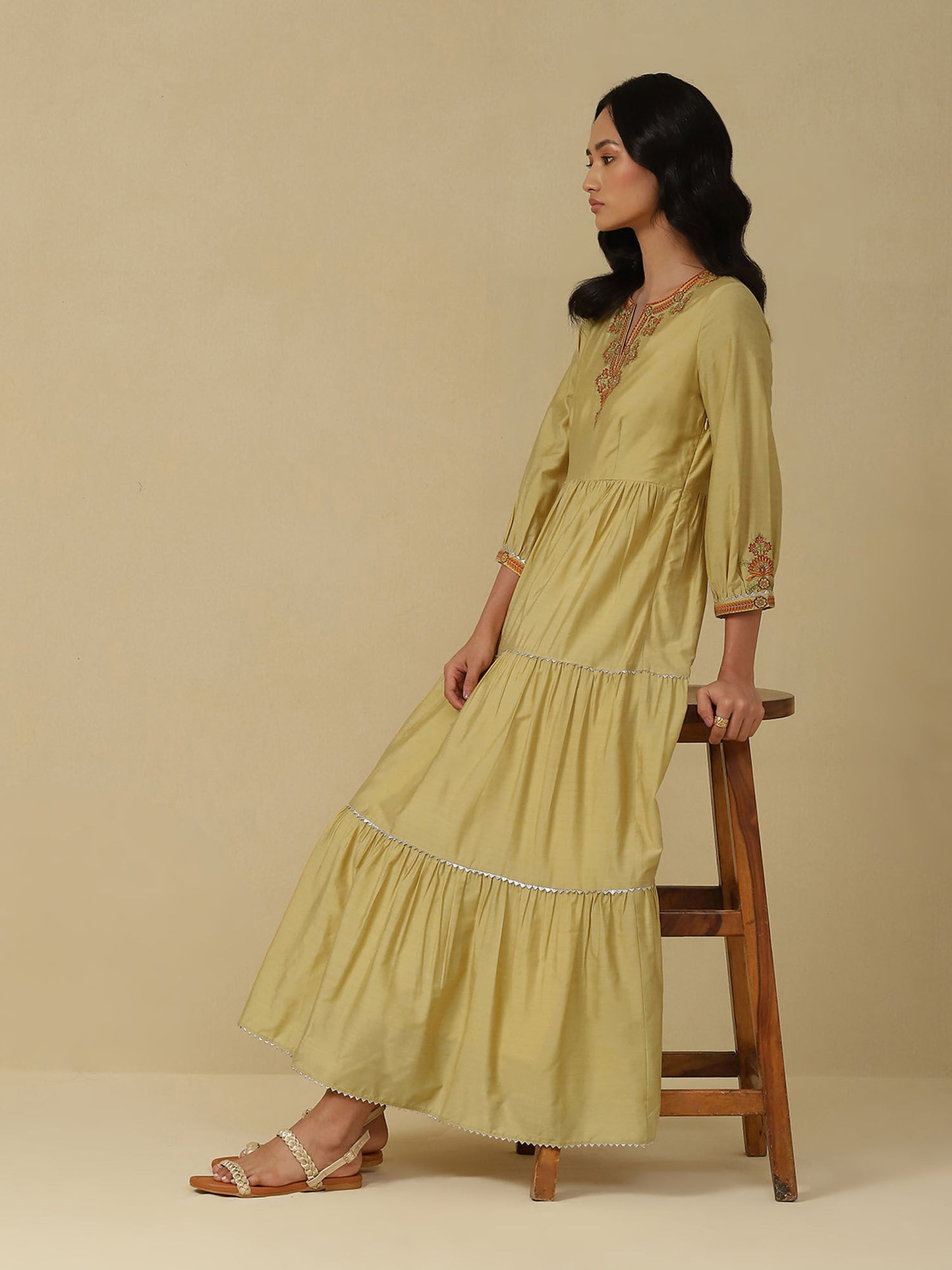 Yellow Embroidered Tiered Long Dress