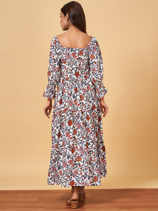 YU by Pantaloons Floral Printed Puff Sleeve Pure Cotton Fit & Flare Maxi Ethnic Dresses