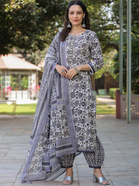 Floral Printed Thread Work Pure Cotton Straight Kurta With Salwar & Dupatta