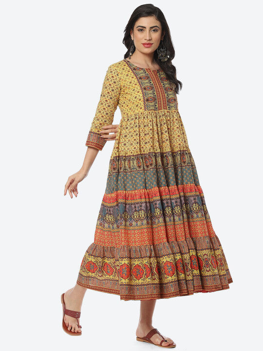 Biba Yellow Ethnic Motifs Printed Midi Cotton Ethnic Dress