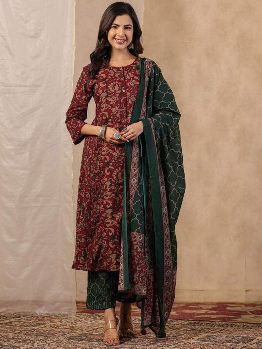 Floral Printed Pure Cotton Straight Kurta With Trouser & Dupatta
