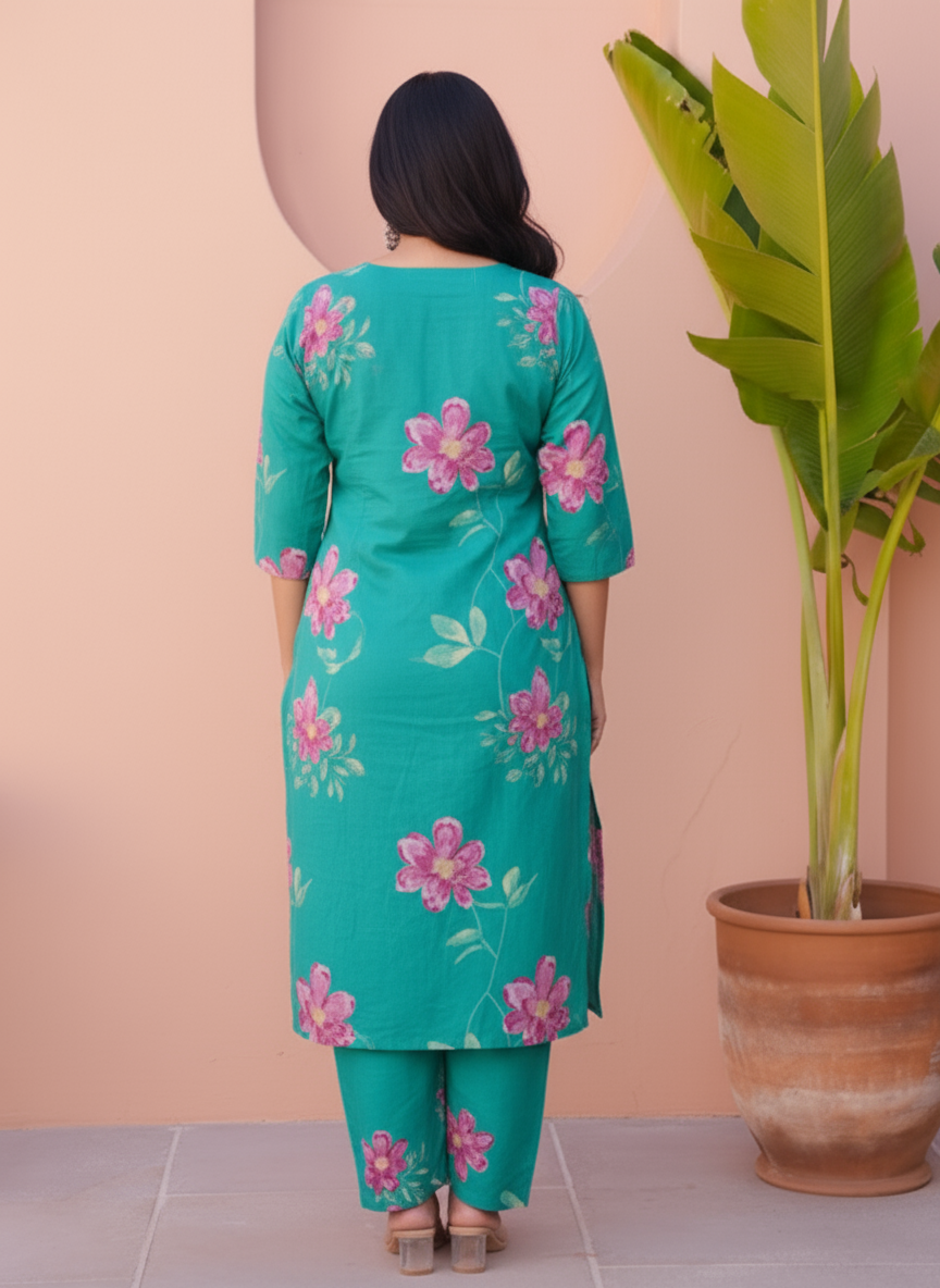Soft Cotton Placement Print Flared Turquoise Kurta